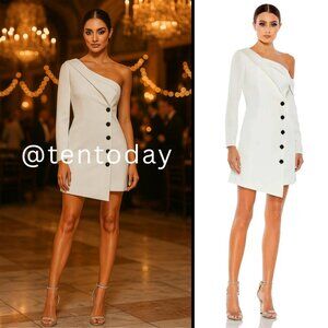 Mac Duggal 26734 Size 2 Drop Shoulder Faux Tuxedo Long Sleeve White Mini Dress
